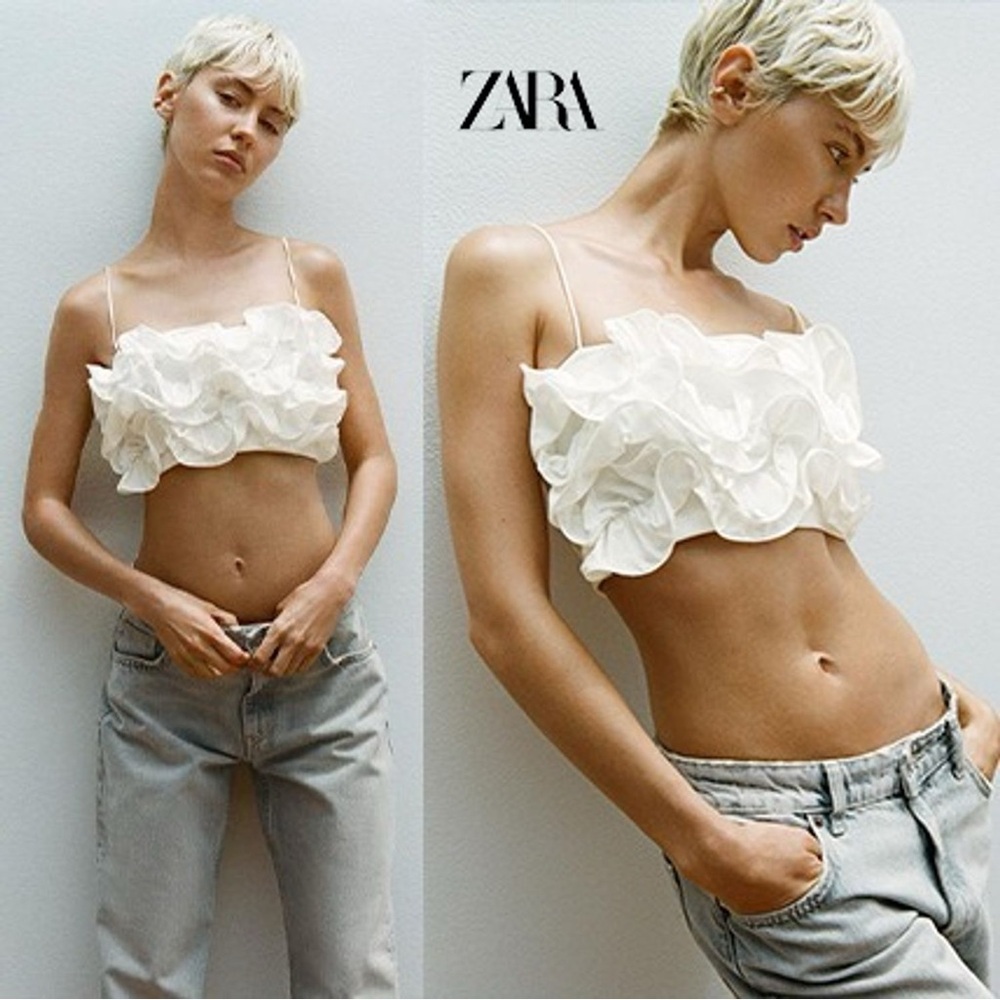NWT Zara White Ribbed Crop Top With Raised Ruffles Thin Straps Size S